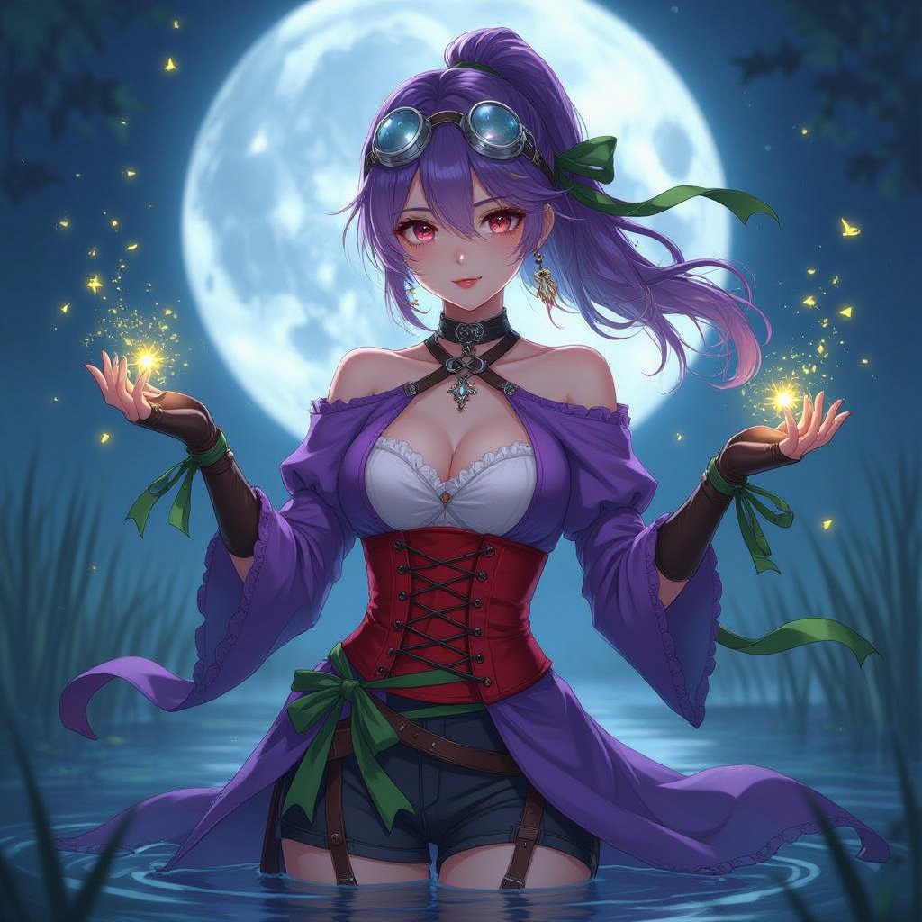 female Hollow One ranger, swamp moonlight lighting, dusk-lavender tunic, open red corset, green ribbon at neck, silver goggles in hair, fireflies swirling around hands, cinematic fantasy realism.