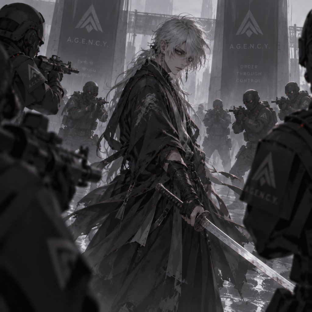Anime style, male, name kai, highly skilled in fighting all fighting styles and weapons, long long white hair half in face, dark bags,white skin,earrings, history unknown,holding a sword,surrounded by the agency