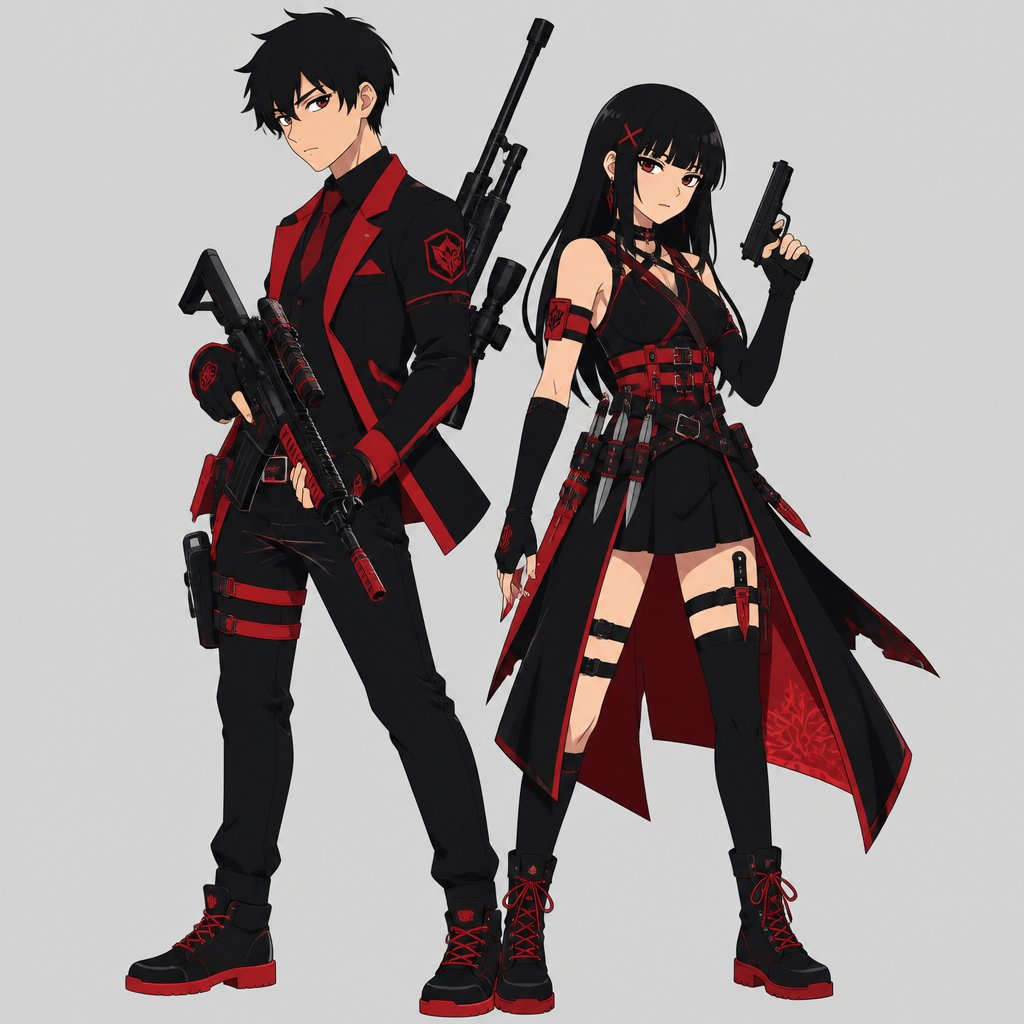 A teenage boy 16 in a red and black suit with a sniper on his back with a strap and Rifle in his hand with a girl with a black and red dress with a pistol and a lot of knives everywhere on her body