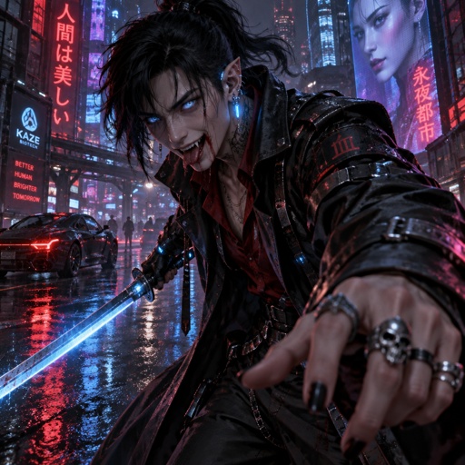Male, Asian, black ponytail with side bangs on one side, blue eyes, trench coat, vampire, ear piercing, rings, pointy ears, sword, insane, red shirt
