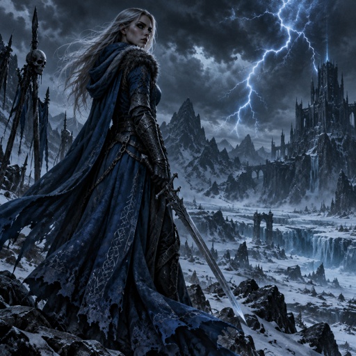 female in blue thunder storm in a ice waste land