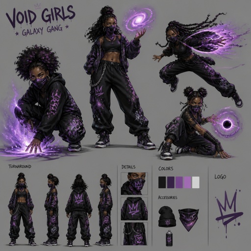 Female Villain with galaxy abilities, African American, gang member, mask, multiple of the same character