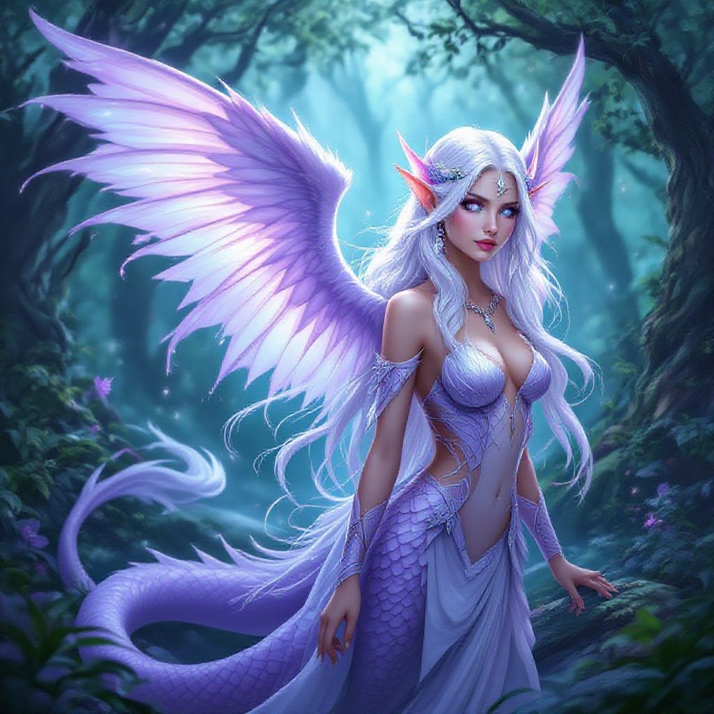 Winged naga with long white hair and bright blue eyes her tail is light purple