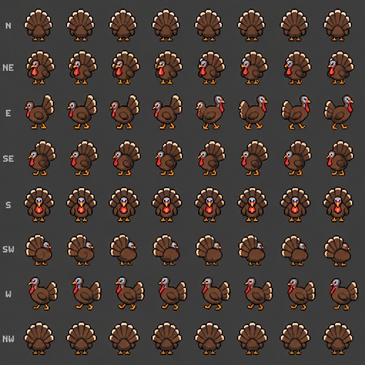 Turkey for a fantasy game set in modern times, top-down style, 360, different colors
