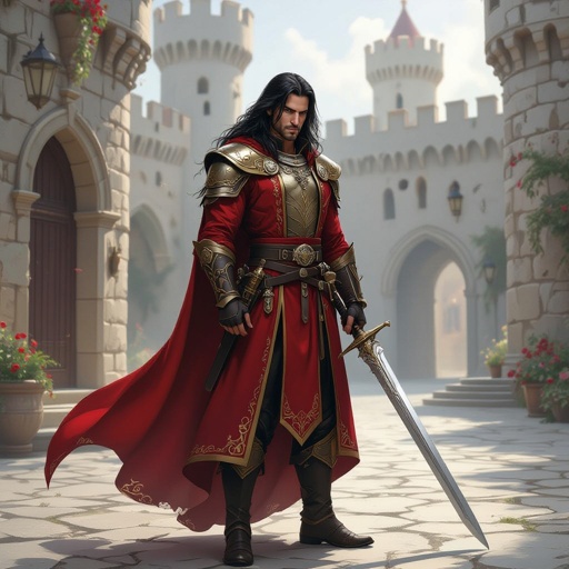 Man strongly built with black hair in nobles clothing from the Middle Ages