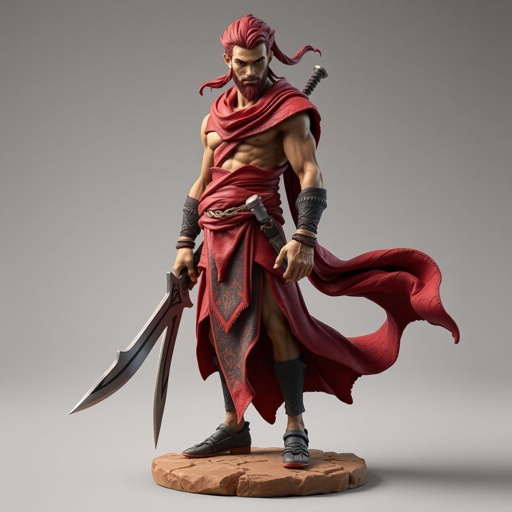 Create handsome hero Rhen the Fire – A lean, muscular man. He wears layered, flowing desert robes dyed in warm reds and golds, with scorch marks where flames have licked them. A curved blade hangs at his hip. Show whole body head to toe including her shoes.