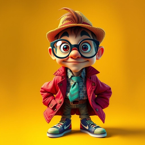 Create a character who is a goofy looking detective, who is confident. But funny looking. With cool shoes on.