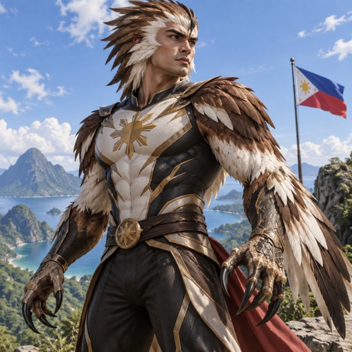 He is a Philippine eagle turned into a man superhero, he had the look of a Philippine eagle, feathers, his hands are razor sharp eagle claws, 