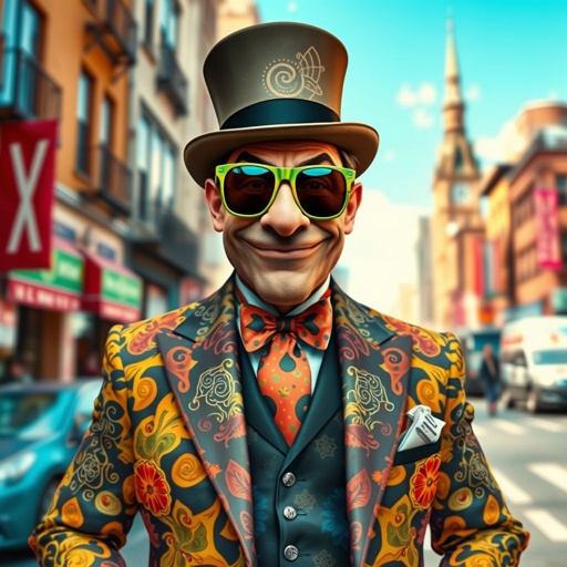 Create a funny arrogant character , showing him head to toe like his whole outfit 