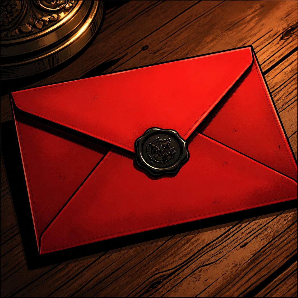 Vivid colors, highly realistic no speech bubble no print dots. A red envelope with a black seal.