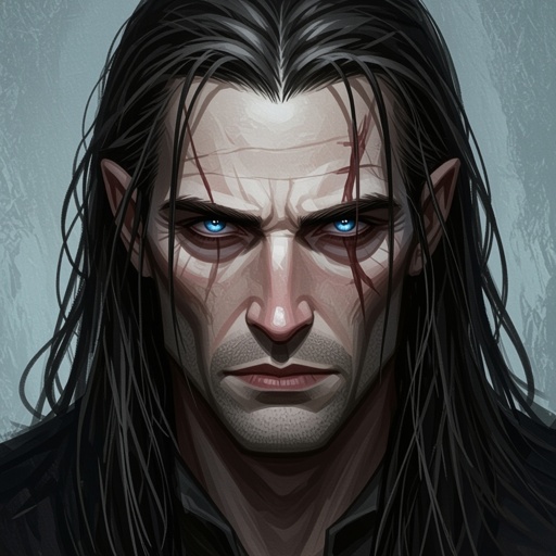 A human man in his late thirties who has blue eyes and has medium long hair 