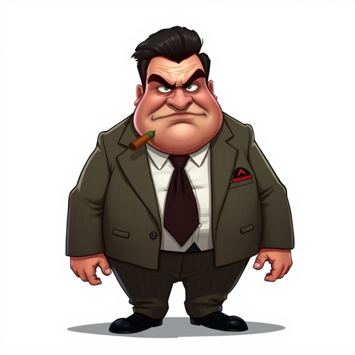 Create a fat funny looking guy who looks like a mobster make him angry but funny, need him with the whole body 