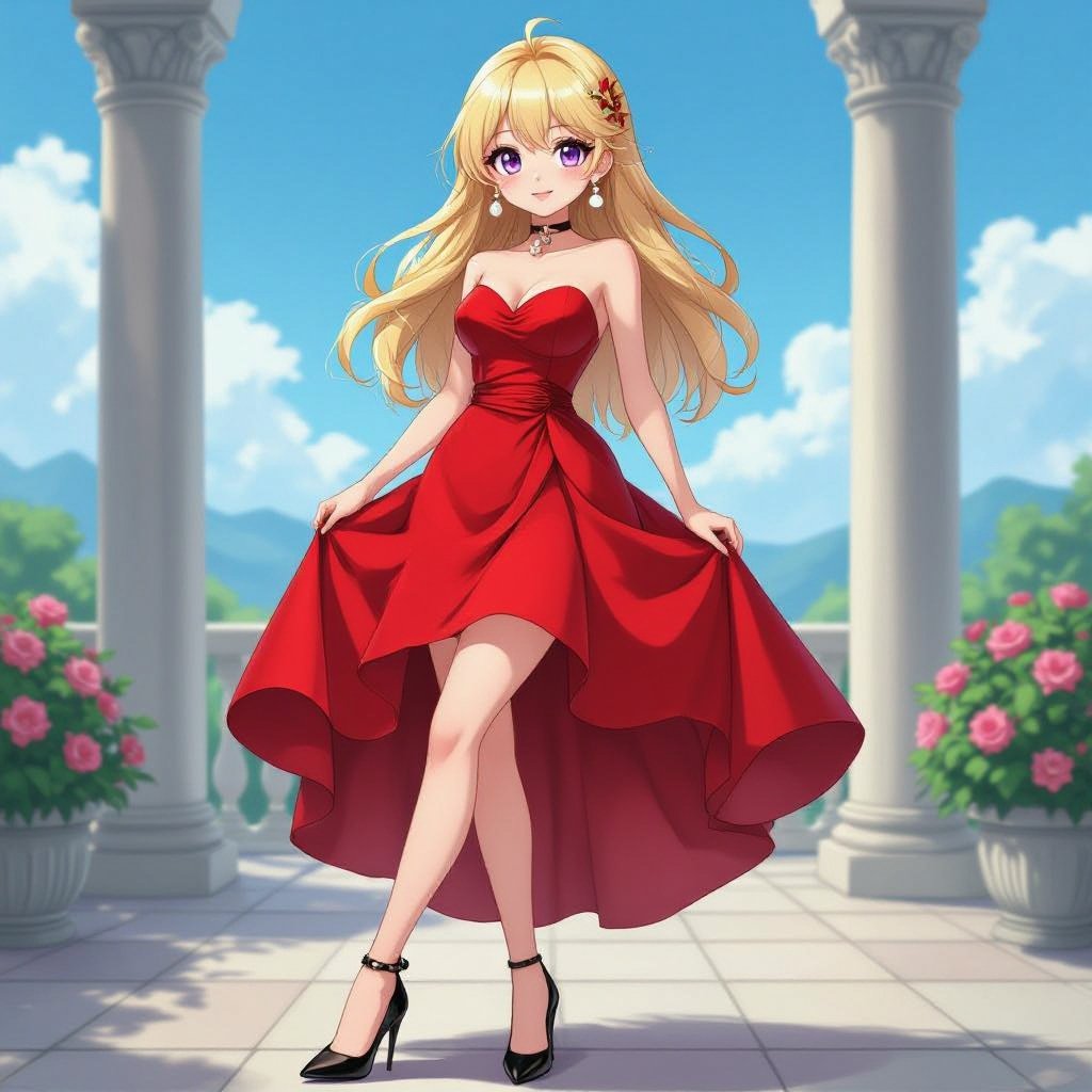 She has blonde hair and purple eyes and a red dress and black high heels and pearl earrings 