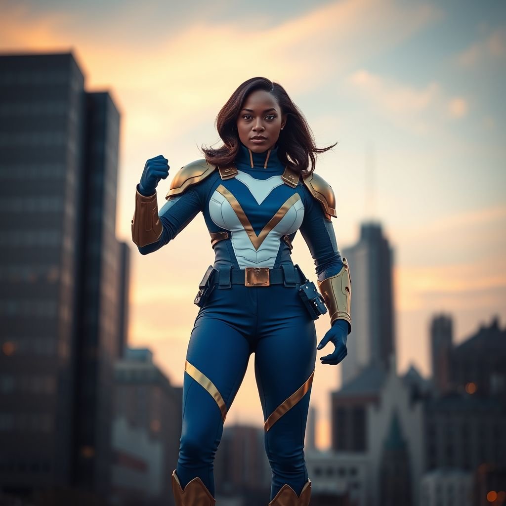 African American female superhero with shoulder length hair in a side part style and  wearing a slightly armored homemade  white blue and gold suit with blue pants with a stylized V as her chest emblem wearing gold flat boots made of gold standing in Philadelphia at dusk
