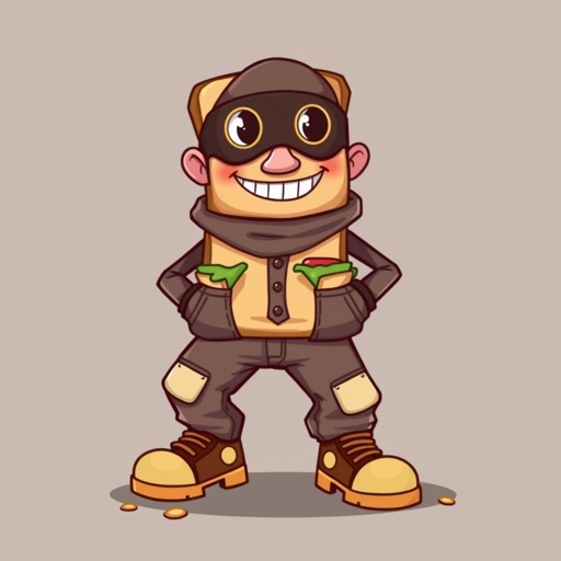 Create a funny looking clumsy sandwhich thief with funny shoes on. Make him have on the bandit black thing around his eyes 