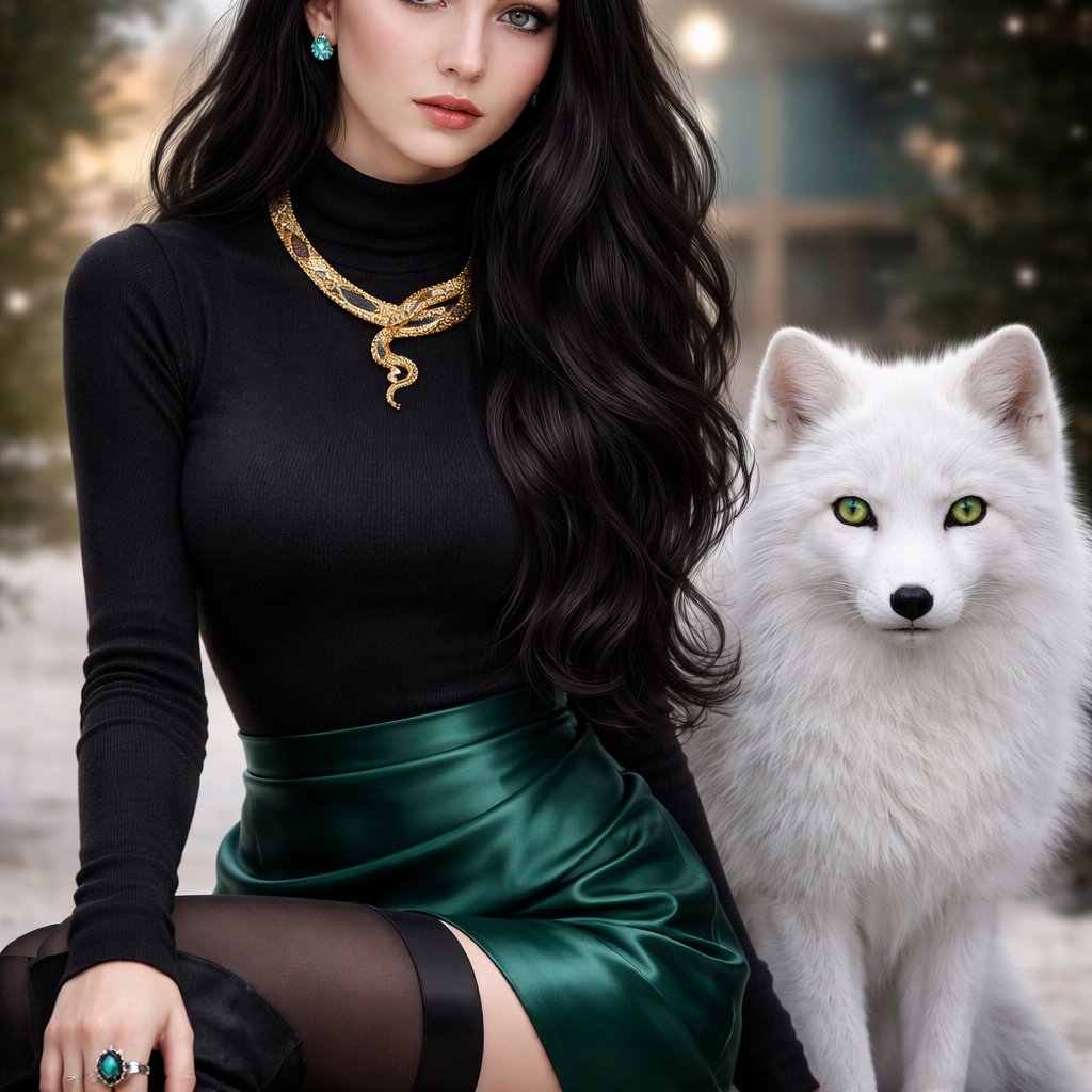A teenager girl with long black hair and grey eyes. Her hair is set in soft waves resting just above her but. Her eyes are storm grey. She is wearing a black long sleeve turtleneck and a satin Green skirt black tights and black thigh high boots. She has a small golden necklace of a snake and a silver ring with a b on the top to the left of the b is a black diamond and to the right is an emerald. She has an arctic fox next her with bright green eyes. She has fare skin and she has emerald stud earrings in both ears you can see her full body and she had a green satin headband matching her skirt