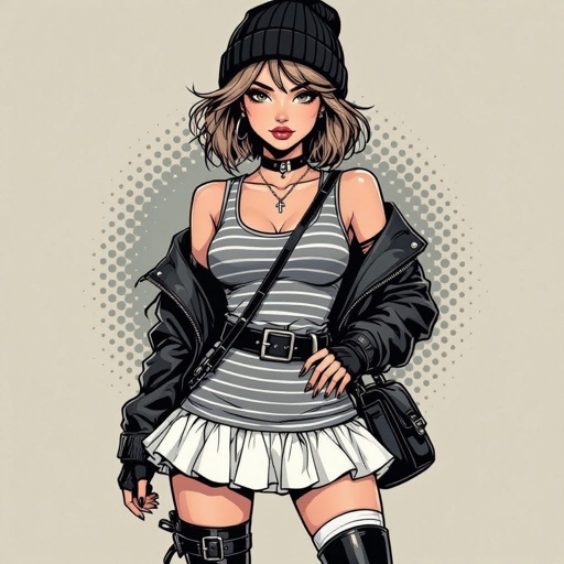 Light Brown Short Hair Babe Striped gray tank dress with white ruffled mini-skirt, thigh-high socks, chunky black buckle boots, black beanie, and cross-body bag — casual goth-punk streetwear.