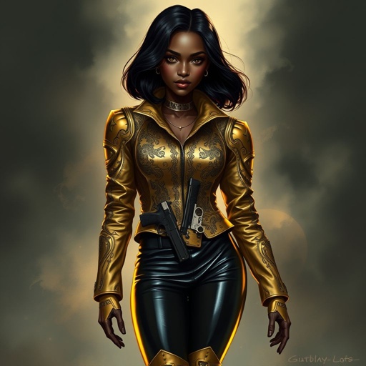 A teenage African American female with shoulder length hair  in a side part style wearing an armored gold leather jacket with black accents black leather pants and gold boots with a gun belt and two guns on her hips