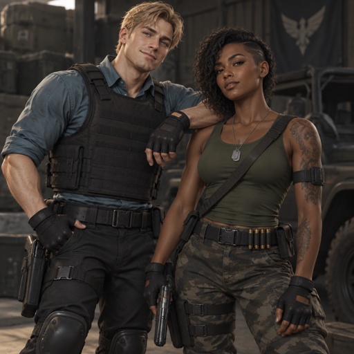 Male, short messy blonde hair, brushed side hair, hair in middle of forehead, smiling, cyan shirt, plain flat bulletproof vest, fingerless gloves, knee pads, belt with gun, Female, African American, curly half shaved short hair, green tank top, camo pants, belt with bullets, fingerless gloves, dog tags, belt across chest, arm strap, tattoos, gun, both posing