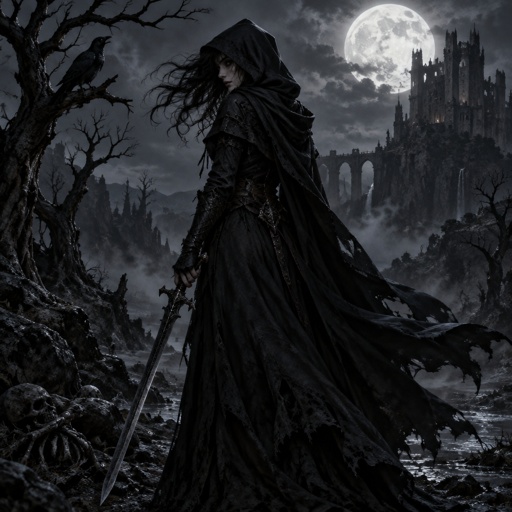 A dark night where the moon shines and the trees are dead around. There is a girl with her back to the front. Her head is looking over to the left side. She is wearing all black and is wearing a black hood. You can see her hair blowing in the wind and you can only see a faint shadow of her face. She is holding a sword that is angled at the ground. 