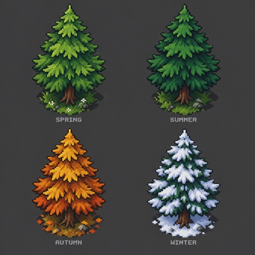 Pine tree for a modern fantasy game, in all the seasons, top down style, more realistic 