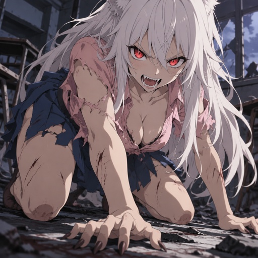 Monster, feral, long white hair, red eyes, damaged pink blouse and blue skirt
