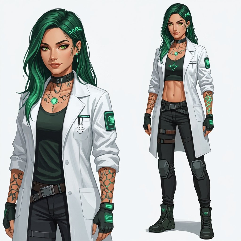 She is a woman that lives in the biotechnology faction of a RPG world. She’s 24 years old, is a scientist that uses herself as testing, had biochemistry tattoos and greenish hair. Her style has traces of punk but she has a kind face and her hair is long. Make 3 full body designs of her
