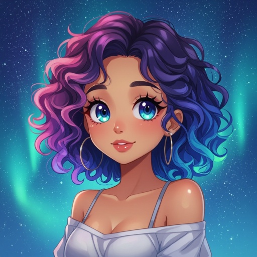 A short but curvy woman with tan skin and good eyes. Her hair curly ombré of purple blue and green aurora