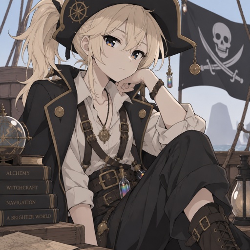 Alchemist witch pirate girl with boy look with pony tail and boy clothes and has blond hair and onyx eyes with hue of rainbow white pale skin 