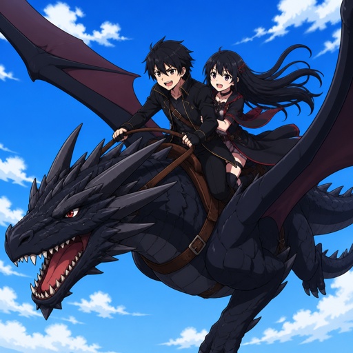Mädchen mit langen schwarzen Haaren und einem Jungen mit schwarzen Haaren auf einem Drachen 