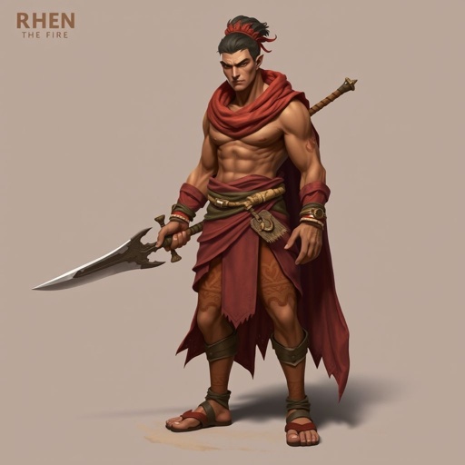 Create handsome hero Rhen the Fire – A lean, muscular man. He wears layered, flowing desert robes dyed in warm reds and golds, with scorch marks where flames have licked them. A curved blade hangs at his hip. Show whole body head to toe including her shoes.