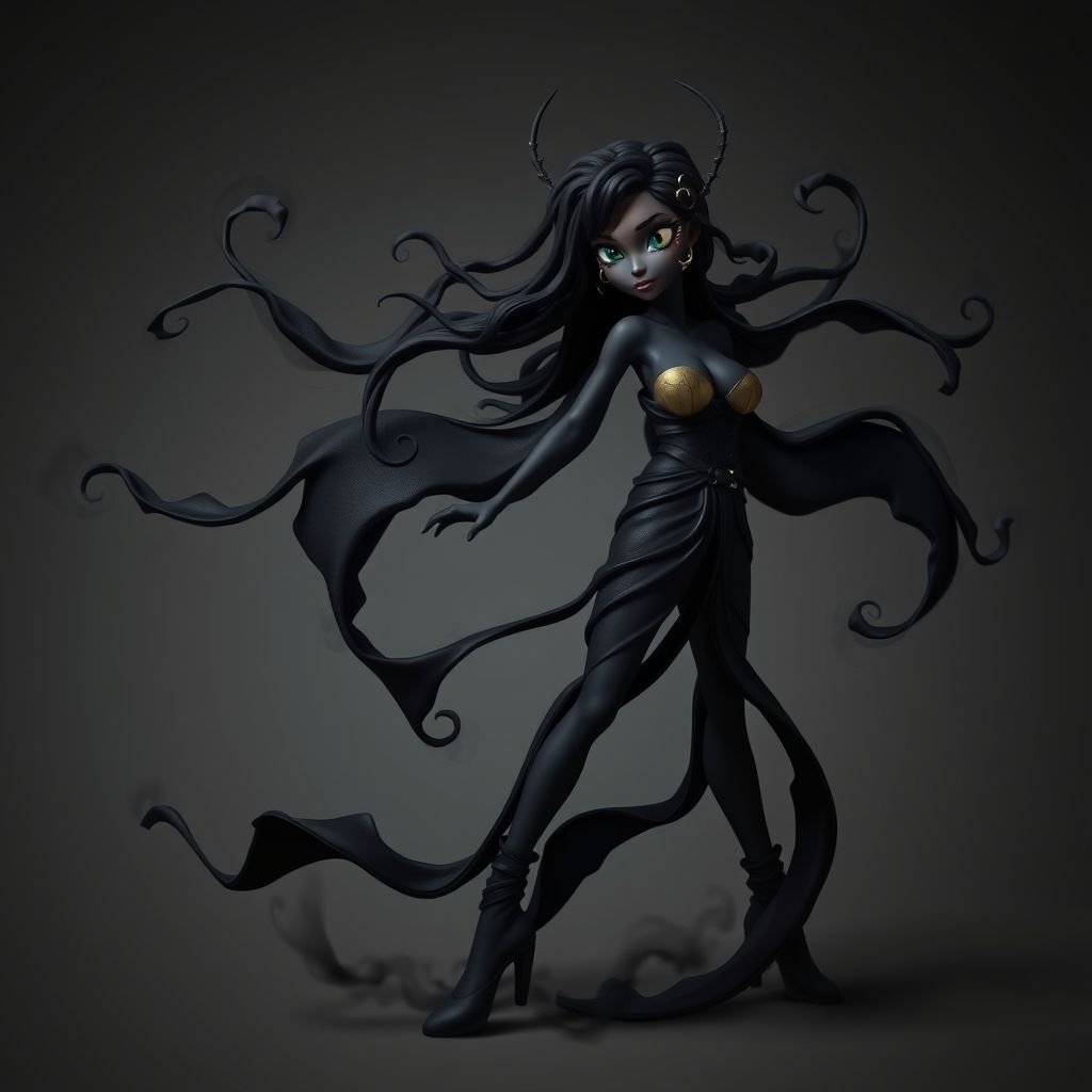Create character hero Veyra of Shadows – A lithe, mysterious black decent woman draped in layered black silks that move like smoke around her. With jet-black hair. Show her whole body head to toe including her shoes.
