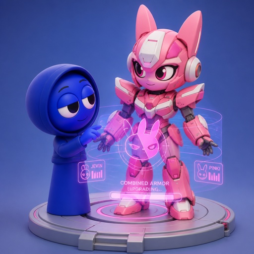 Jevin from sprunki noticing that Pinki from sprunki as Elita one is upgrading the armour now that she and Jevin are one being now