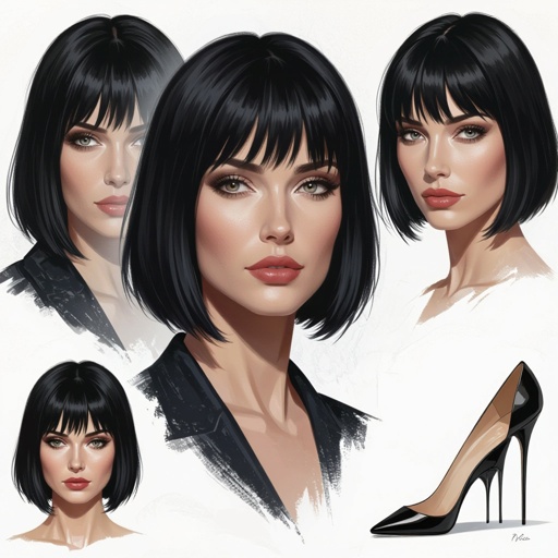 Show character head to toe. Create a mid age fantasy woman jet-black hair is cut sharpand her eyes seem to pierce through darkness. A shadowy aura clings to her form,