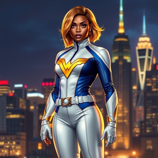 African American female superhero with glowing gold hair  in a shoulder length side part hairstyle with pure Gold Glowing eyes wearing a white suit with gold and royal blue  with white pants and gold and white knee length boots with a utility belt with a gold V  as her chest emblem in Philadelphia 