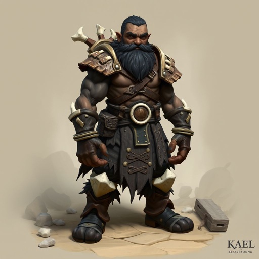 Create character hero Kael the Beastbound – A rugged, broad-shouldered man with dark brown skin and a rough beard, wearing armor made from bone and leather Show her whole body head to toe including her shoes.