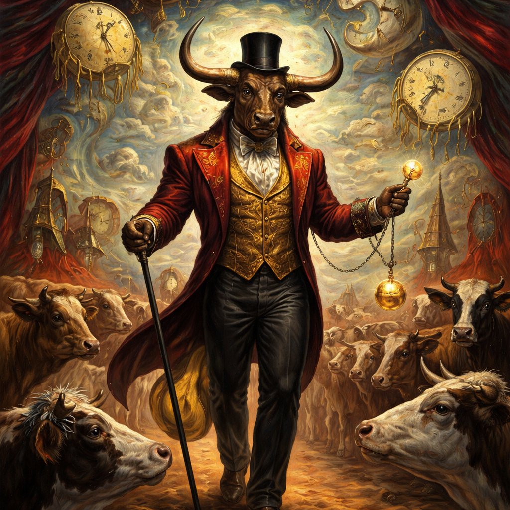 A Minotaur with a well~proportioned figure that works at freak show as ringmaster. That has gifts/abilities like Reality Rejection, Time Manipulation (Chronokineses), Zoolingualism (Language of Cattle only), Human Speech.