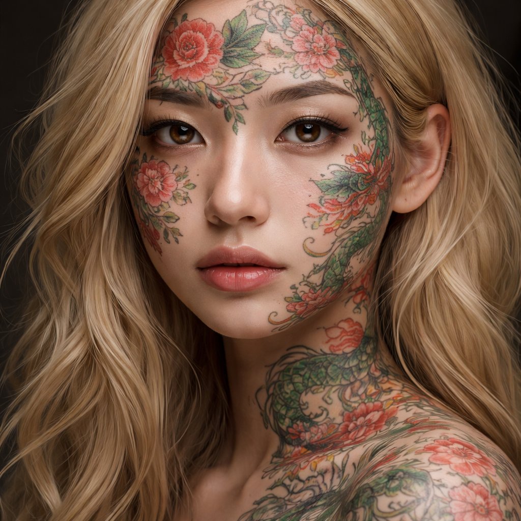 Blonde Asian girl with green and red Japanese tattoos all over her face and no piercings