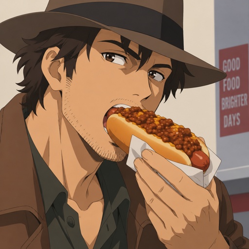 Man, Hat, Hot Dog Chili 