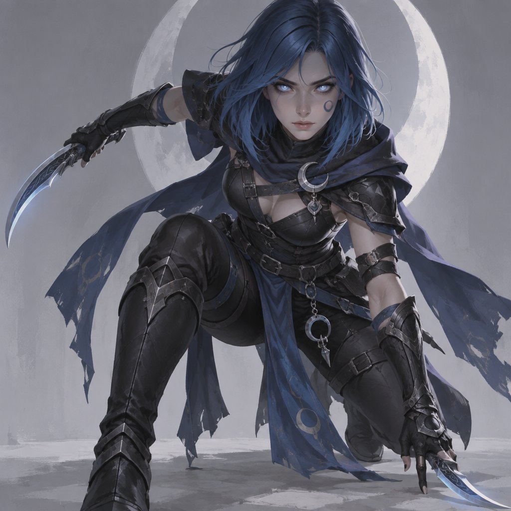 assassin name luna, moon eyes, moon mark, blue long bob