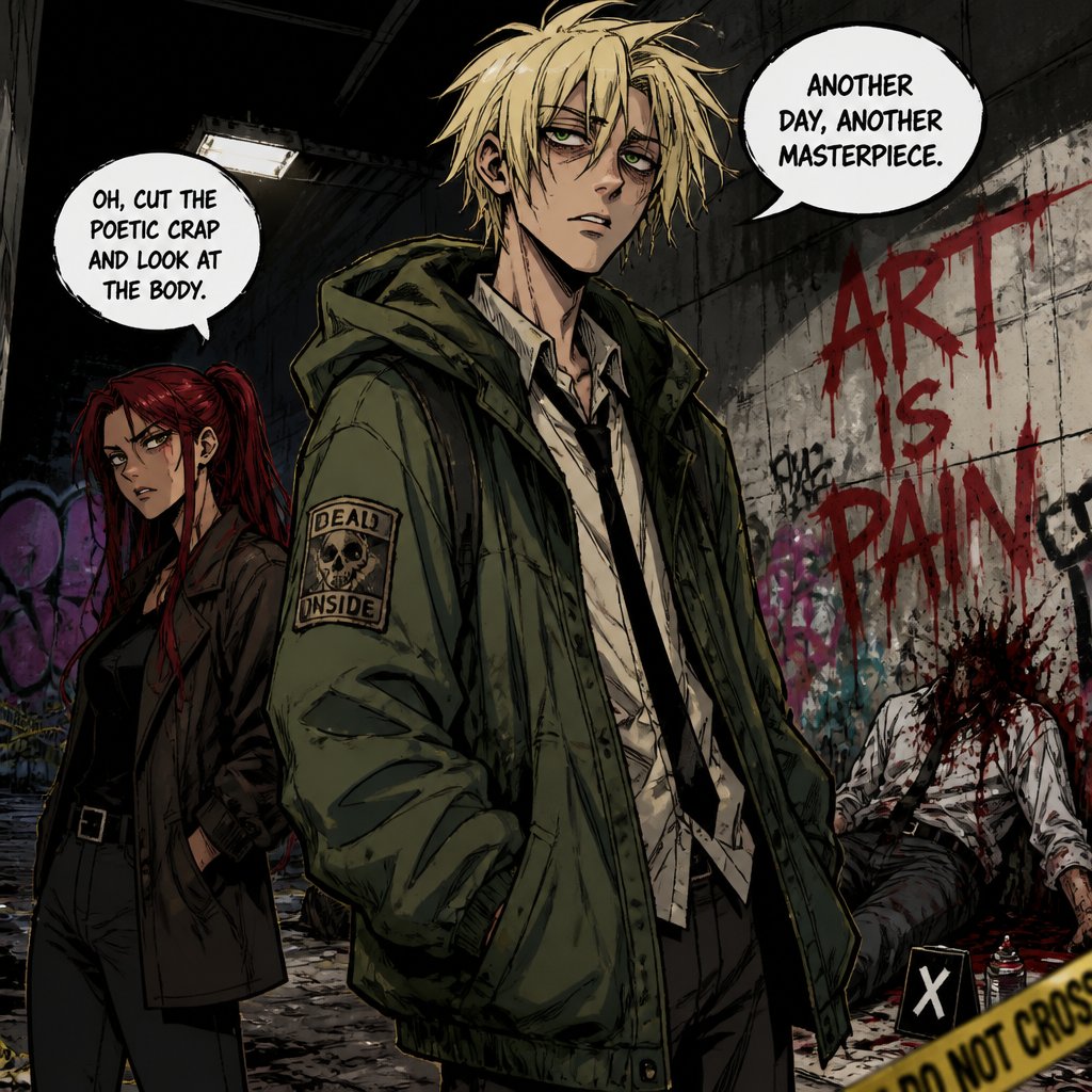 Anime style Male great detective takes his job real seriously really good at it mid 20s medium really crazy light blonde hair, tall thin, tied, clean shaven, strange green eyes wearing baggy loose mossy green jacket tired face, partner, long red hair brown eyes looking annoyed and concerned for him, trying take case seriously,very gruesome seen, person unknown, detective will do whatever he can, parent and him get into arguments usually partner will say "you really need some rest you can barely stand and your speaking trails off, how do you expect to finish this case with the little sleep and food you get" detective reply" all I need is some coffee, I can survive I don't plan on resting till I get to the bottom of this, worrying never helps"as he yawns, partners says back "ugh! your really stubborn, looks like I'm going to have to catch you again when you pass out"as a comic