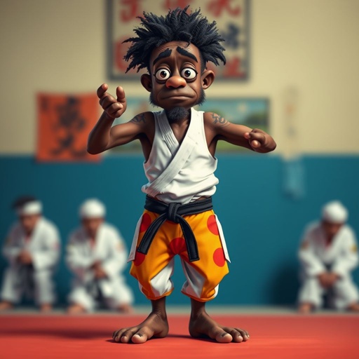 Create a character who looks like a funny African karate guy who doesn’t have a clue what he is doing. Make him have weird toes, only speedos on and a black karate belt.