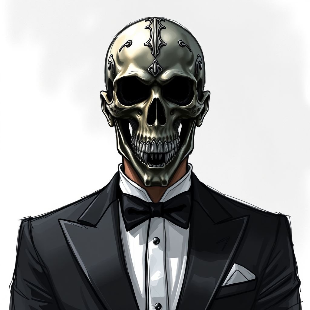 A man in a black tux with a metal skull mask on