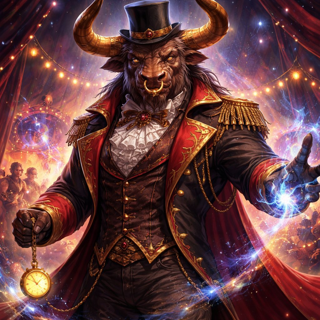 A male medium brown Minotaur with brown eyes that has a well~proportioned figure that works at freak show as the ringmaster. That has abilities of Reality Rejection, Time Manipulation (Chronokineses), Zoolingualism (Language of Cattle only), Human Speech. He’s basically a hybrid with his mother being a human with half-animal (Cretan bull) physiology and his father a Cretan Bull.