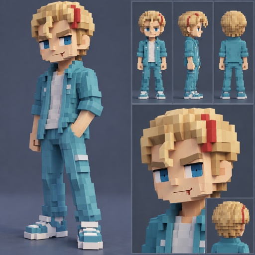 Male, blonde greased brushed back hair, curl on forehead, red streak in hair, scar on lip, blue eyes, slim, designer, cyan casual clothes,
