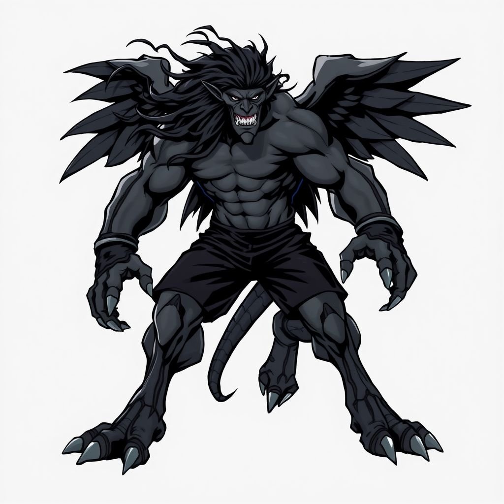 Dark grey gargoyle with strong muscles long black hair with big feet and he only has 4 fingers on both hands he has black shorts on with black gauntlets around his fist