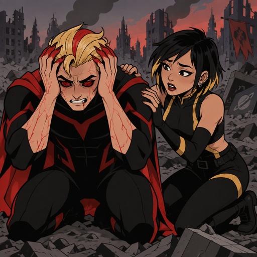 Male, blonde greased brushed back hair, neck length hair, curl on forehead, red streak in hair, slim, scar on lip, red and black spiral eyes no whites, superhero with chaos powers, cool outfit red no cape, pointy ears, pointy fingers with red tips, red veins, Asian female with straight black short neck length hair, yellow tips, side bangs on one side, eyebrow piercing, under eye mascara, ear piercing, motorcycle clothes orange, gloves, the guy is on his knees with his hands on his head in distress, the female is trying to talk to him to calm him down with an extremely worried look on her face, destroyed city background