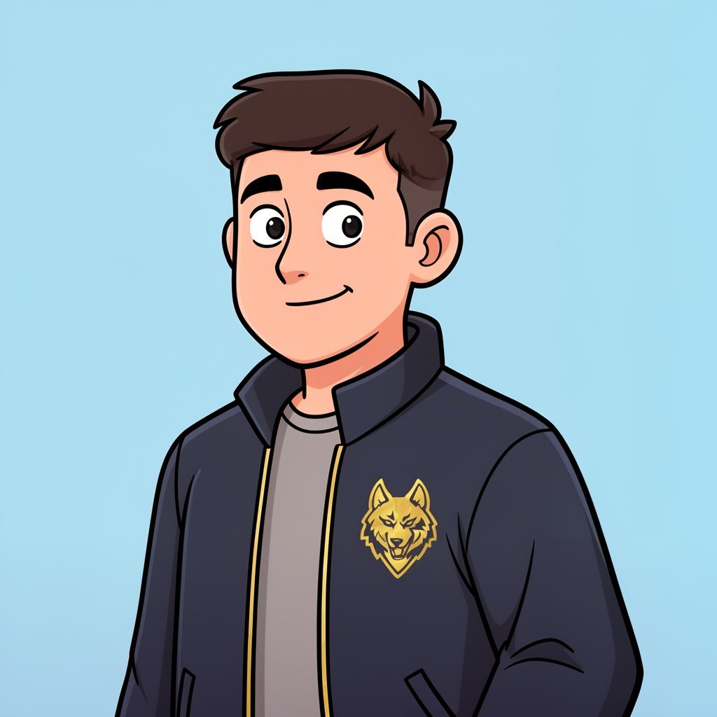 person wearing jacket golden - wolf logo