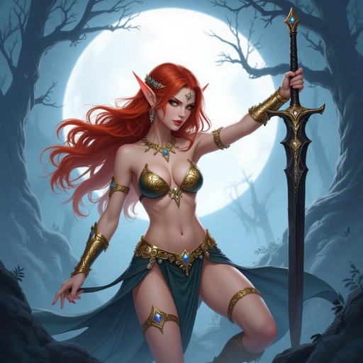 A red haired female elf in a jewelled bikini wielding a black sword 