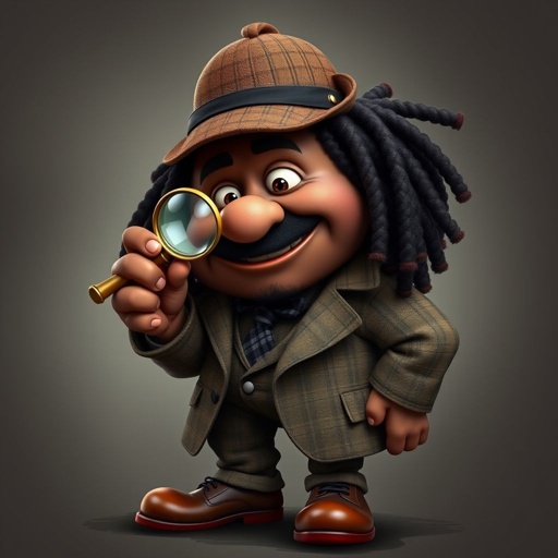 Create a funny fat character similar to Sherlock Holmes, but make him of black decent and with dread locks. Show his whole outfit including his shoes.